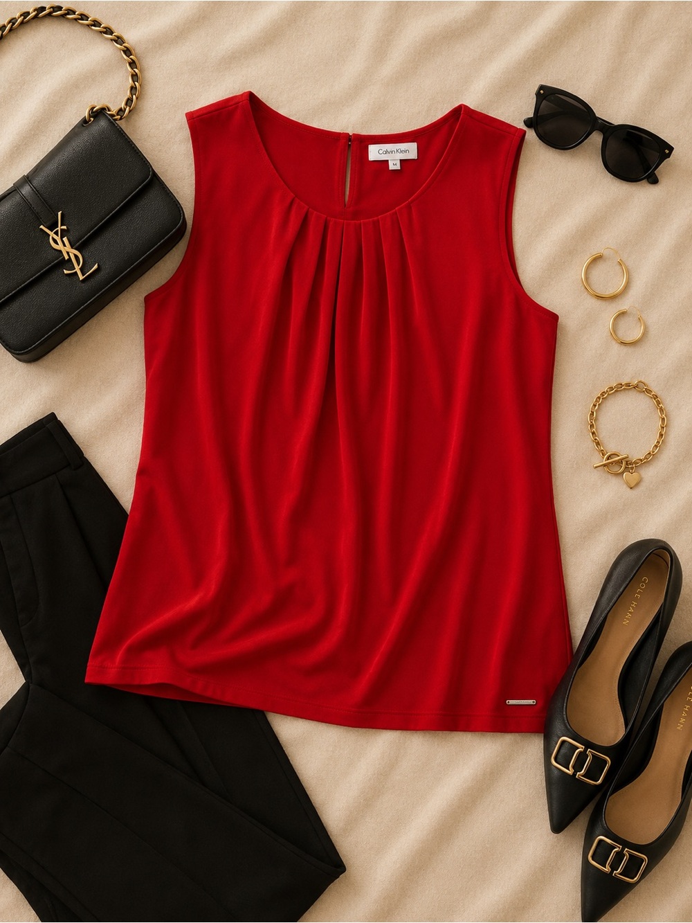 Calvin Klein Red Sleeveless Blouse | Elegant Pleated Neck Top |Women’s Chic Tank